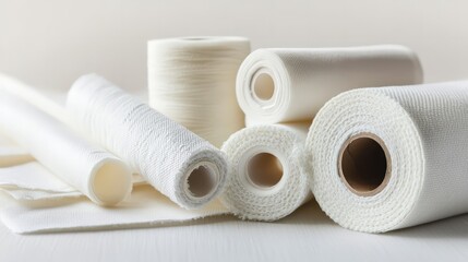 A still life of various white paper products, including rolls, sheets, and tubes.  Their smooth, pristine surfaces evoke a sense of cleanliness and simplicity.