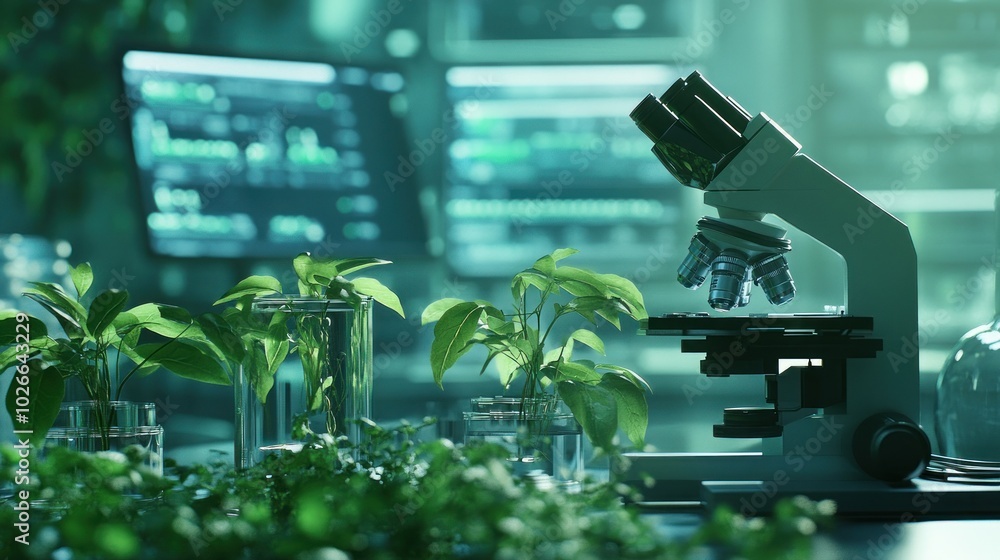 Poster A microscope sits on a desk in a lab with plants and beakers, with computer monitors in the background.