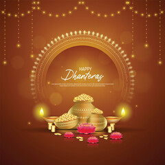Happy Dhanteras - poster template design with gold coin in pot and decorative diya lamp.