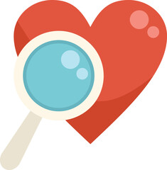 Magnifying glass is hovering over a red heart, symbolizing the search for love and affection
