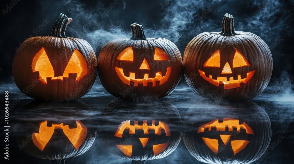 Poster three lit jack-o'-lanterns with spooky faces, sitting on a table in a dark and smoky setting. their 