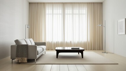 Minimalist Living Room Featuring a Gray Sofa and a Dark Wooden Coffee Table With Soft Lighting