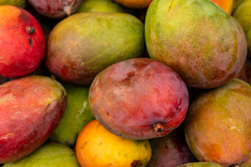 Several ripe mangoes on the market. Delicious orange tropical fruits.