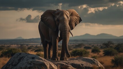 Fototapeta premium An African elephant stands on a large rock with its trunk raised and ears fanned out, facing the camera in a wide savanna landscape.
