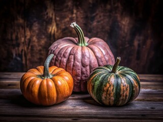 Fall Decor: Three Varied Pumpkins on Neutral Background for Autumn Aesthetic