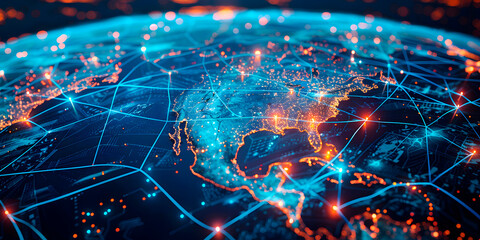 Mapa intercontinental del mundo estilo tecnológico en tonos azules y naranjas 