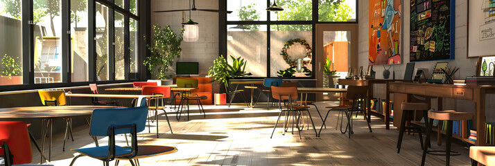 Eclectic Private: A diverse, one-of-a-kind private school setting with a mix of vintage and modern furniture, unique art installations, and global influences, reflecting the school's international