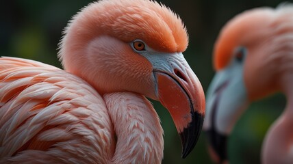 Obraz premium A close-up portrait of a pink flamingo with its head turned to the side, focusing on its eye and beak. Another flamingo is visible in the background.