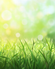 Fototapeta premium Lush green grass with dew, under a bright, soft-focus sky with light flares