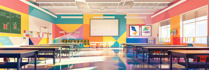 Bold Middle School: A dynamic, contemporary middle school setting with bold, geometric shapes, pops of color, and eye-catching murals celebrating student achievements.