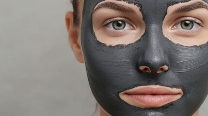 Fototapeta premium Charcoal Detox Mask Application, showcasing a serene face enveloped in a charcoal mask, highlighting the rejuvenating effects of deep cleansing for healthy skin.
