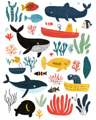Colorful illustration of various sea creatures and plants in a minimalist art style, featuring fish, jellyfish, coral, and seaweed
