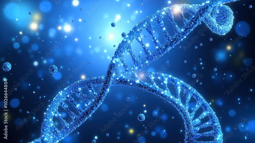 Poster a glowing, 3d rendering of a dna helix against a blue background with bokeh effects.