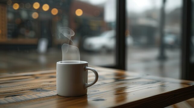 Cozy coffee shop ambiance, rain-soaked windows, warm steam rising from mugs, inviting corner for peaceful reflection and intimate conversations
