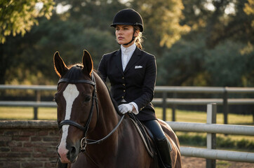 Focused equestrian woman in formal riding attire on a brown horse during training outdoors
