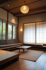 Minimalist, japandi interior design of modern living room.