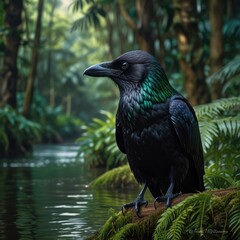 A black crow with iridescent green feathers perches on a log by a stream in a lush, green forest.
