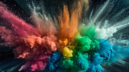 A Vibrant Explosion of Rainbow Powder Bursts Forth Against a White Backdrop, Creating a Dynamic and Colorful Display Reminiscent of Holi Festivities