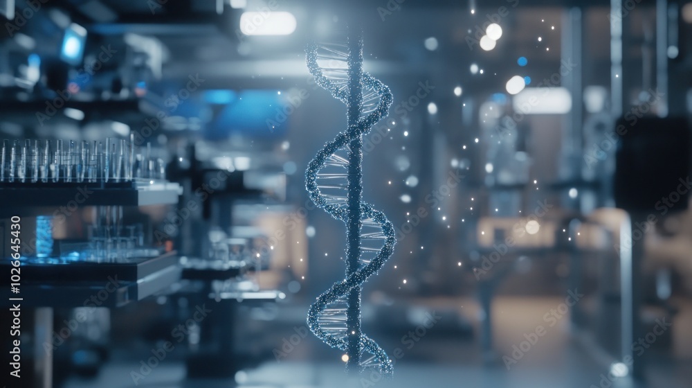 Poster a glowing 3d dna helix in a modern laboratory setting with futuristic equipment in the background.