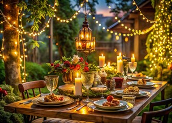 Festive Night Table Setting with Gourmet Dishes for a Memorable Celebration