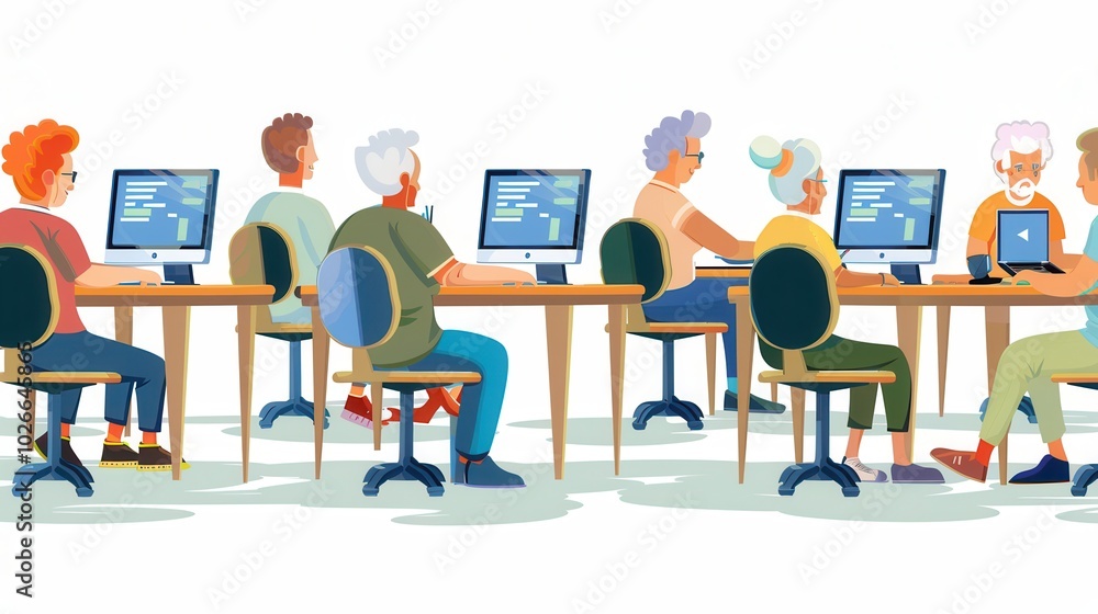 Poster a group of elderly people is focused on learning computer skills, using laptops and desktops during 