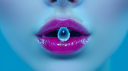 Fototapeta premium A creative shot of a woman's mouth, her tongue holding a reflective droplet of liquid, with the pastel blue background adding a fresh, light ambiance to the image.