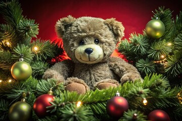 Festive Teddy Bear Surrounded by Christmas Decorations on Red Background