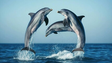 Fototapeta premium Three dolphins leap out of the water, their sleek bodies silhouetted against the bright blue sky.