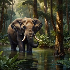 A majestic African elephant stands in a lush, sun-dappled forest, water reflecting the light.