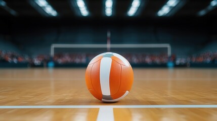 Empty volleyball court with open advertising space, blurred spectators in the background, vibrant sports venue atmosphere, anticipation of game day excitement