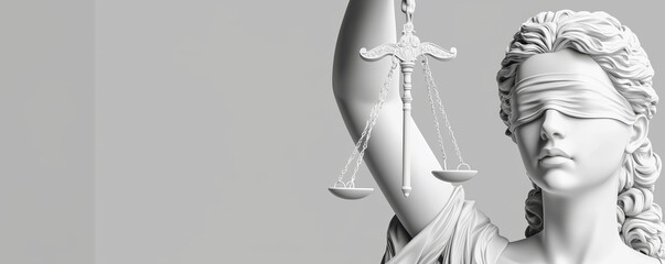 A minimalist, modern statue of Lady Justice, with clean lines and smooth surfaces, holding a delicate set of scales in one hand and a sword in the other, her eyes blindfolded.