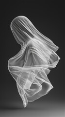 Fototapeta premium A minimalistic monochrome image of a person cloaked in silk fabric, with the material draping softly around them, creating a sense of fluidity and ethereal movement.