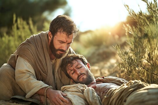 The Good Samaritan helps an injured traveler by the roadside in the late afternoon sunlight