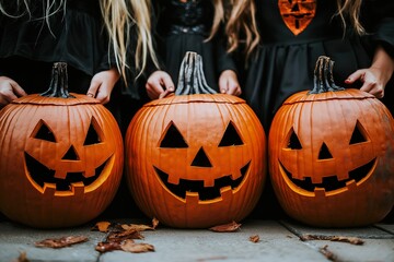 Business attire pumpkin heads celebrate Halloween together in a festive gathering outside