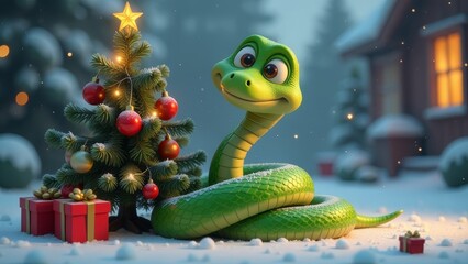 New Year's composition with the image of a snake, the year of the snake, a New Year's card