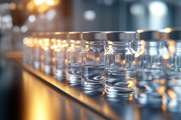 Conveyor line machine with glass ampoules at pharmaceutical factory