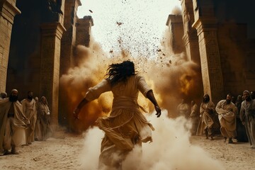 Samson brings down the pillars of the temple in ancient times, showcasing immense physical strength