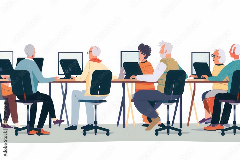 Leinwandbilder a group of elderly individuals engages in a computer course, enhancing their digital skills at a com