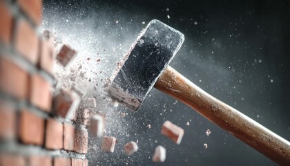 A sledgehammer hitting a brick wall with extreme force, the wall cracking and pieces of brick bursting out in every direction, surrounded by a cloud of dust.