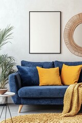 Blue sofa with yellow pillows and blanket against beige wall with frame poster. Scandinavian home interior design of modern living room.Blue sofa with yellow pillows and blanket against beige wall wit