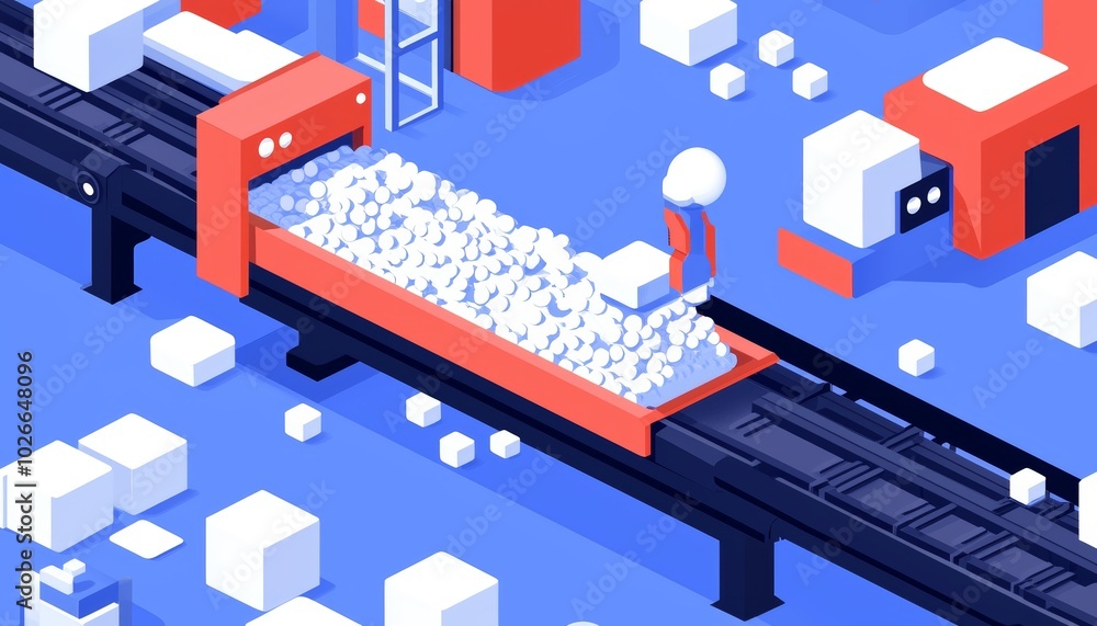 Poster industrial conveyor belt transporting raw materials in a fully automated assembly line, surrounded b