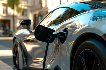 Naklejka premium Electric car charging from modern electric station