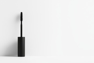 Slim mascara tube with a sleek black design, the wand pulled out, ready for application, against a white backdrop