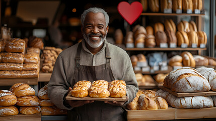 Smiling Baker Holding Fresh Pastries &ndash; Warm and Welcoming Bakery Scene