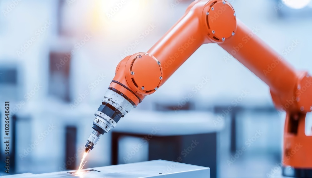Poster industrial robot welding in an automated assembly line, precision and efficiency in a modern factory