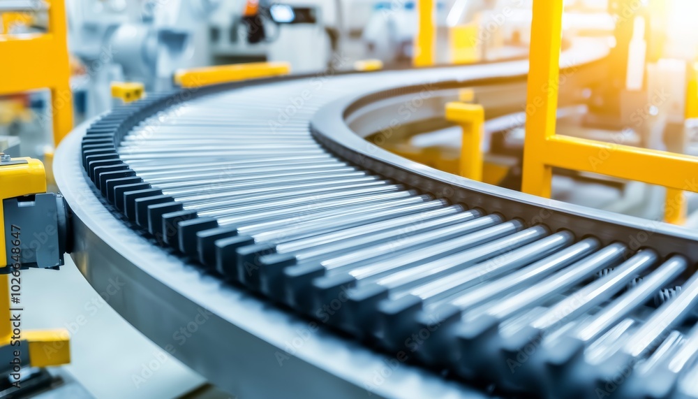 Poster industrial conveyor belt transporting raw materials in a fully automated assembly line, surrounded b