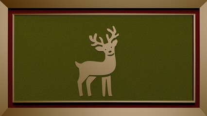 Christmas card with a reindeer design on a green velvet background and golden frame 