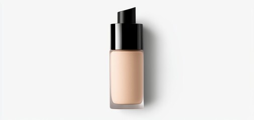 Foundation bottle with a sleek pump dispenser, displaying a natural beige shade, centered on white