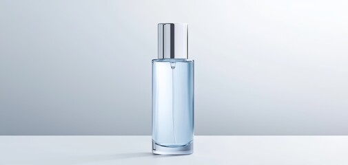 Facial toner bottle with a translucent body and clear liquid inside, the cap slightly removed, centered on a white surface