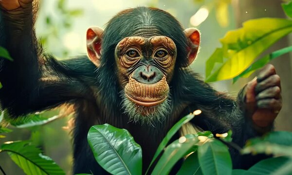 A baby monkey is standing in a jungle with its arms outstretched Video